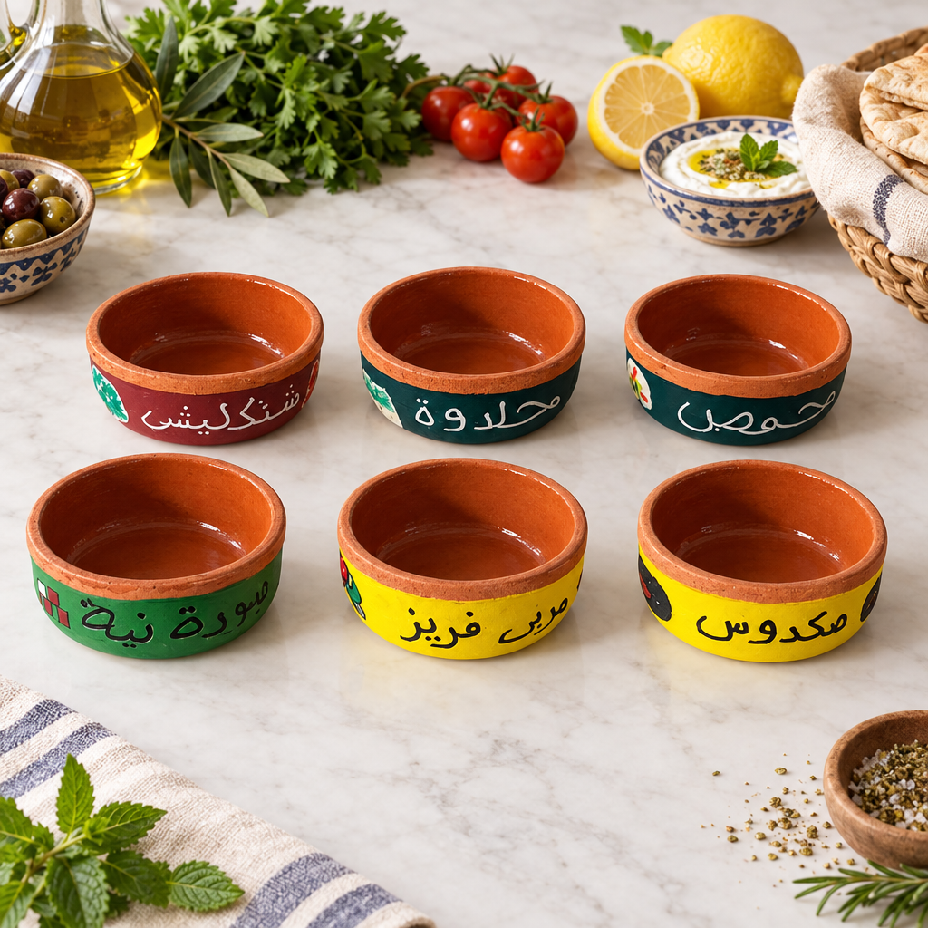 Set of 6 hand-painted terracotta mezze bowls with Arabic calligraphy and colorful bands