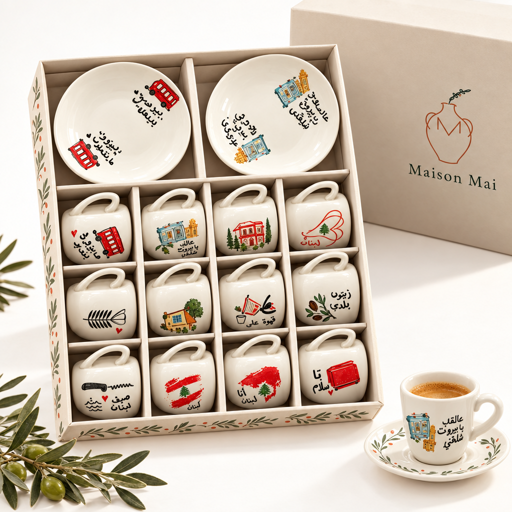 Lebanese espresso cup set in Maison Mai gift box with 12 illustrated ceramic cups and 2 saucers