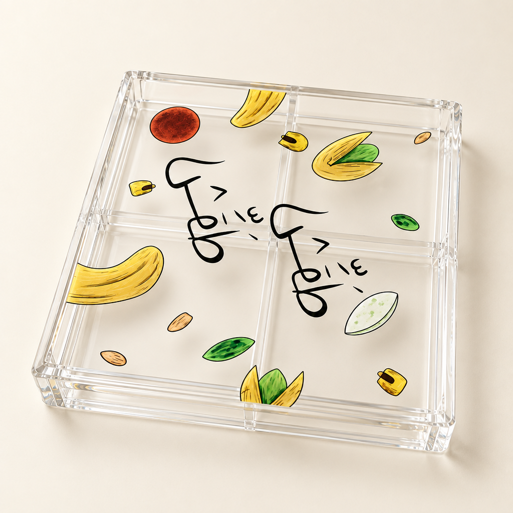 Clear four-compartment tray with yellow and green pistachio illustrations and black Arabic lettering.