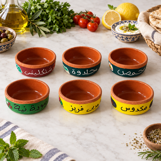 Set of 6 hand-painted terracotta mezze bowls with Arabic calligraphy and colorful bands